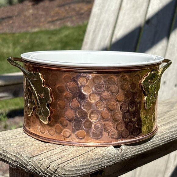 Ceramic Casserole Dish Solid Copper Holder & Brass Handles Small Dip Chafing - Picture 4 of 9
